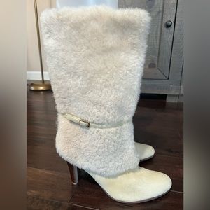 VTG Lauren Ralph Lauren off white shearling fur/suede high heeled boots, Sz 10